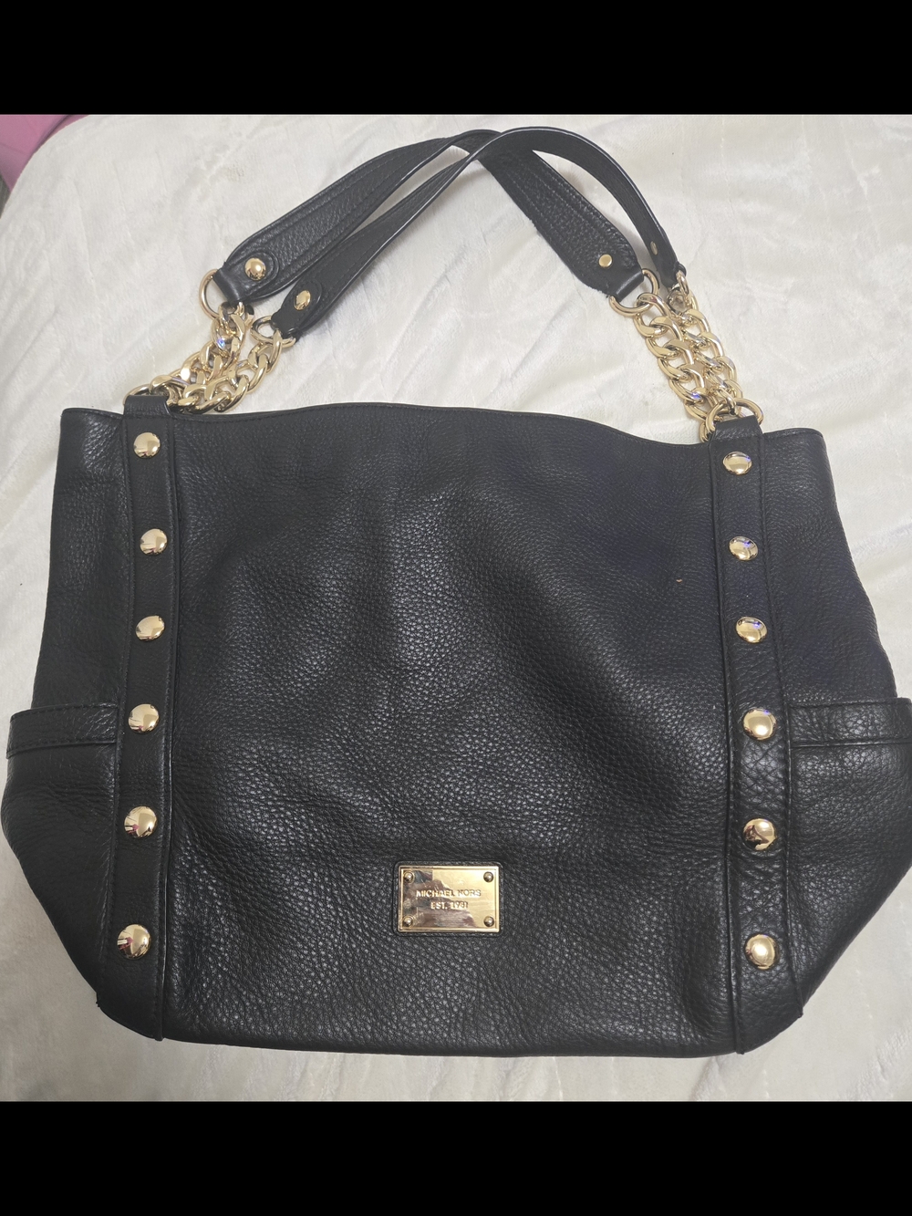 Michael Kors Black Pebbled Leather Shoulder Tote with Gold Accents